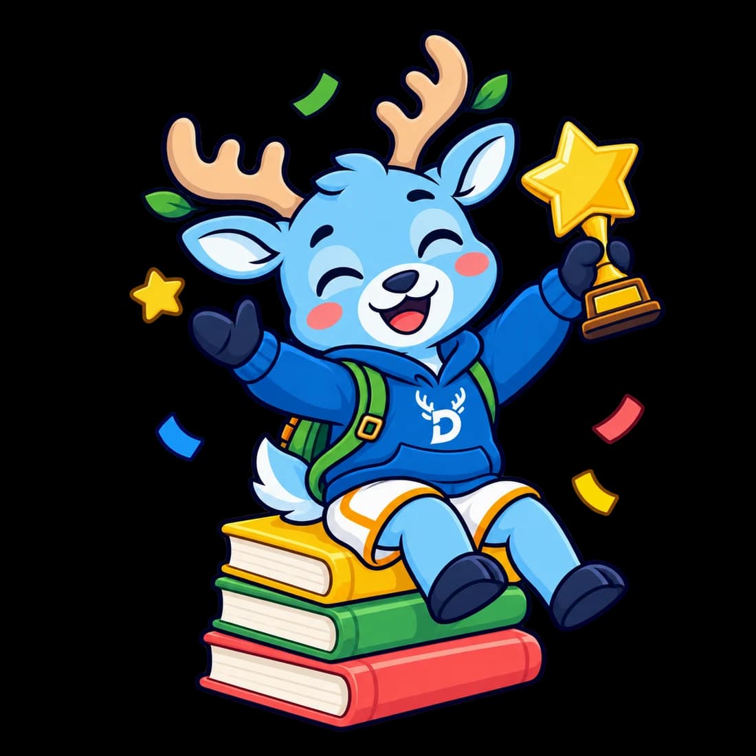 Dero duduk di atas buku sambil merayakan pencapaian dengan piala bintang